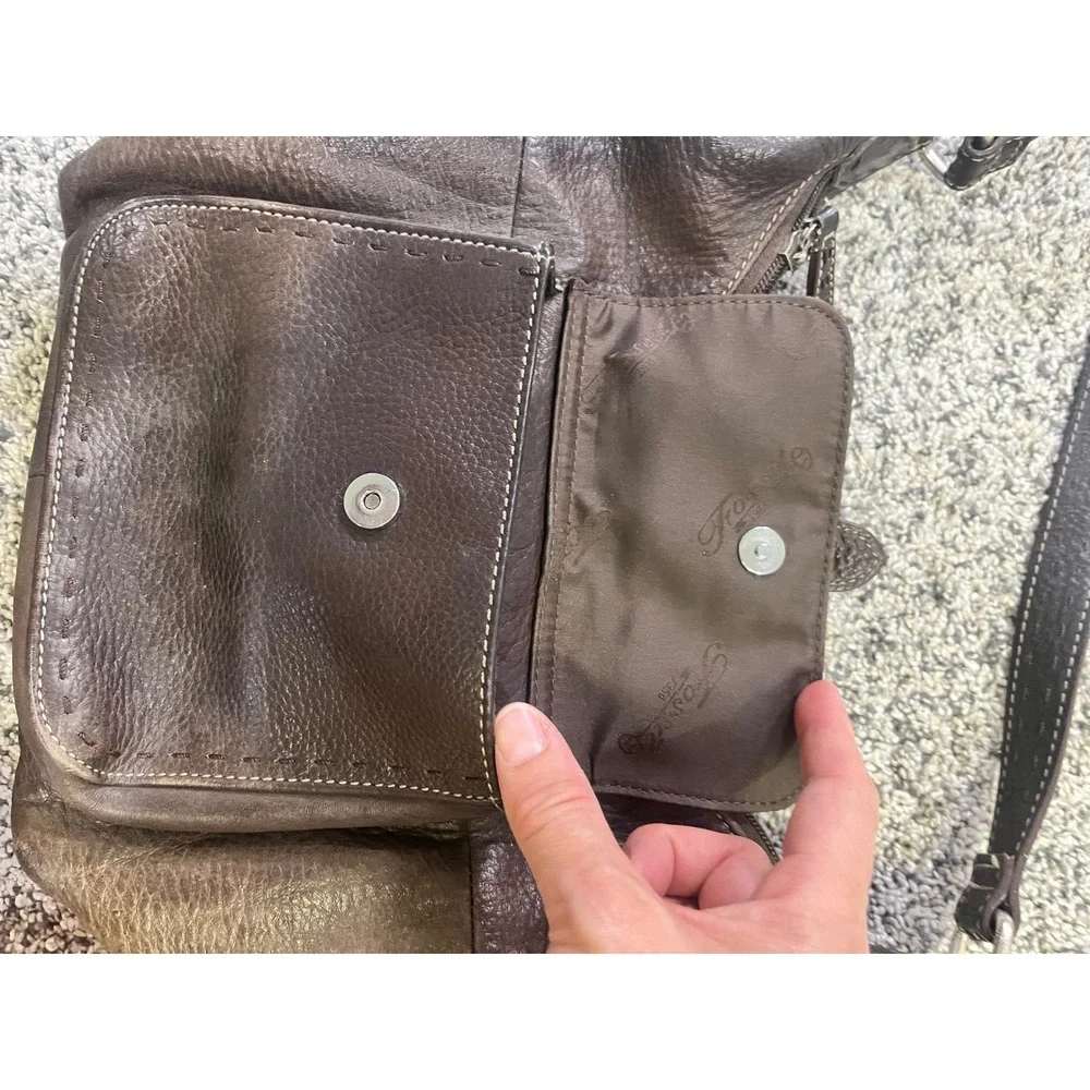 Fossil Brown Leather Shoulder Bag Hobo Y2K Front Pocket Contrast Stitch Zip Top